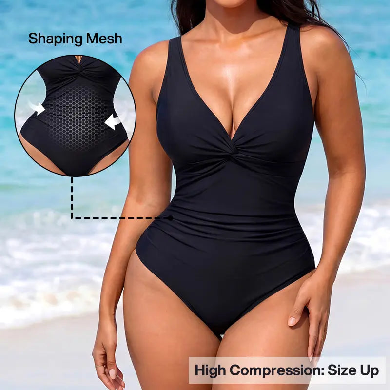 NINONERA Size Up for Best Fit] Front Twist Ruched Tummy Control Hourglass Illusion Extra Snatching Ultra-Light Fab — One Piece Black