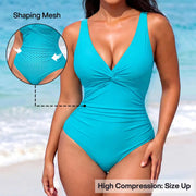 NINONERA Front-Twist Ruched Tummy-Control Hourglass Illusion Swimsuit - Size Up for Best Fit — One Piece Blue