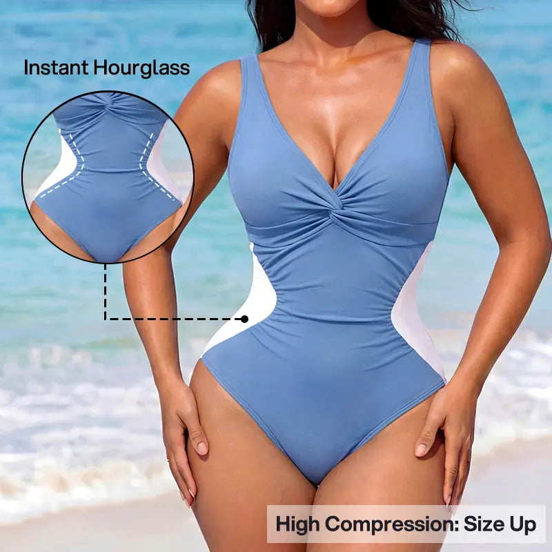NINONERA Front-Twist Ruched Tummy-Control Hourglass Illusion Swimsuit - Size Up for Best Fit — One Piece BlueWhite