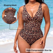 NINONERA Front-Twist Ruched Tummy-Control Hourglass Illusion Swimsuit - Size Up for Best Fit — One Piece Leopard