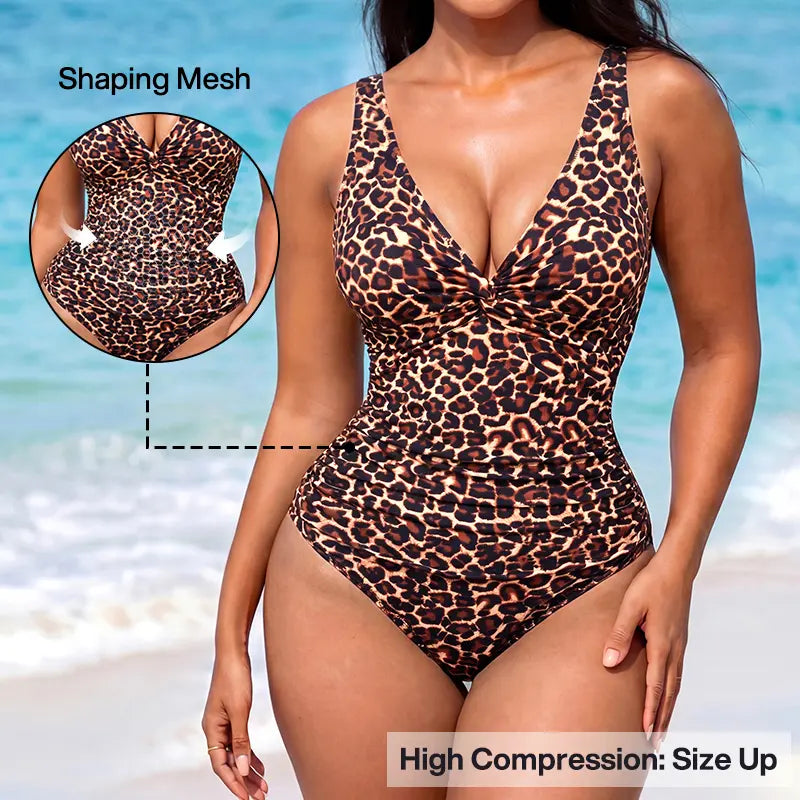 NINONERA Front-Twist Ruched Tummy-Control Hourglass Illusion Swimsuit - Size Up for Best Fit — One Piece Leopard