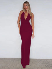 NINONERA Solid Color Backless Halter Neck Slip Dress — Burgundy