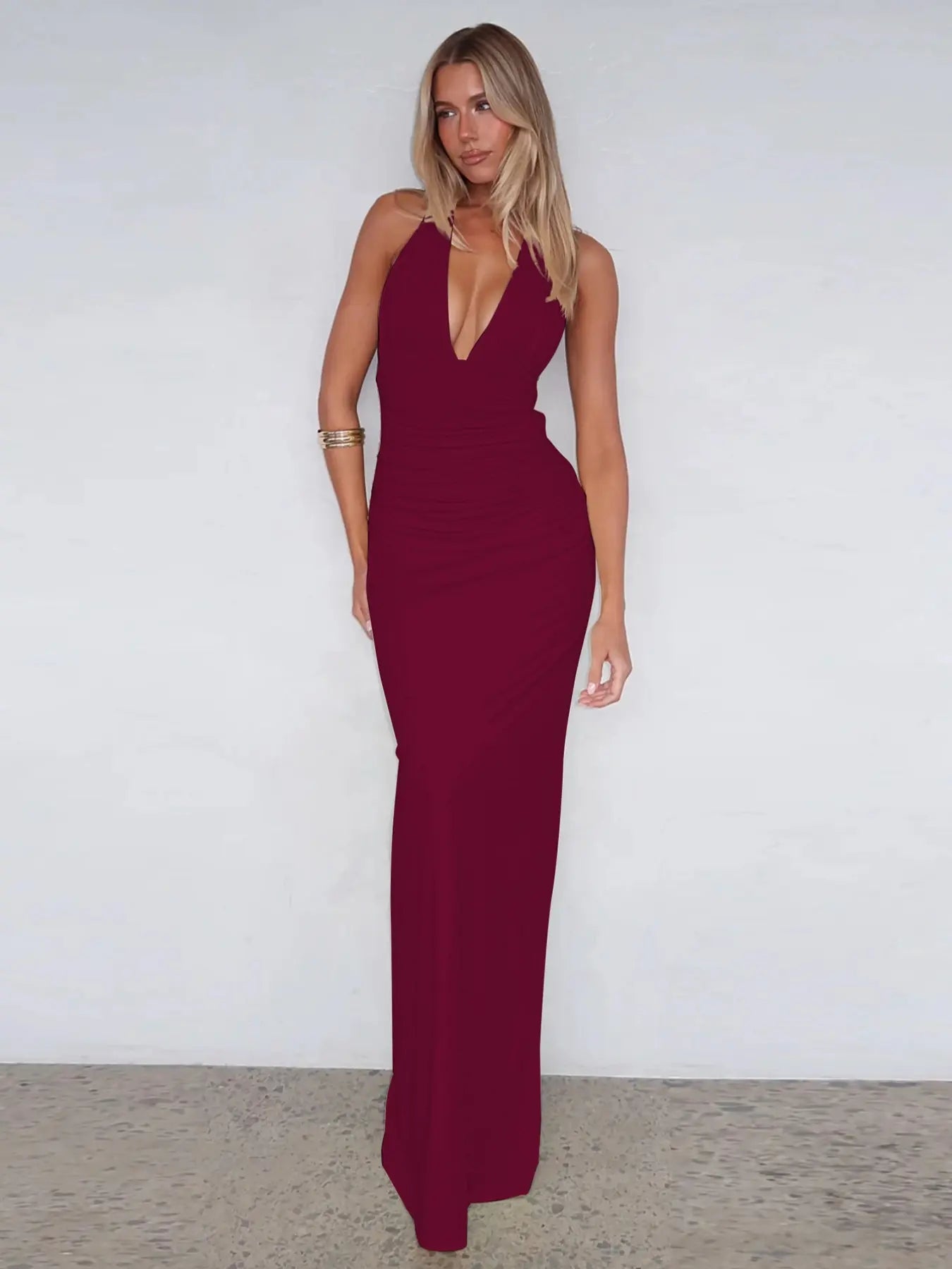 NINONERA Solid Color Backless Halter Neck Slip Dress — Burgundy