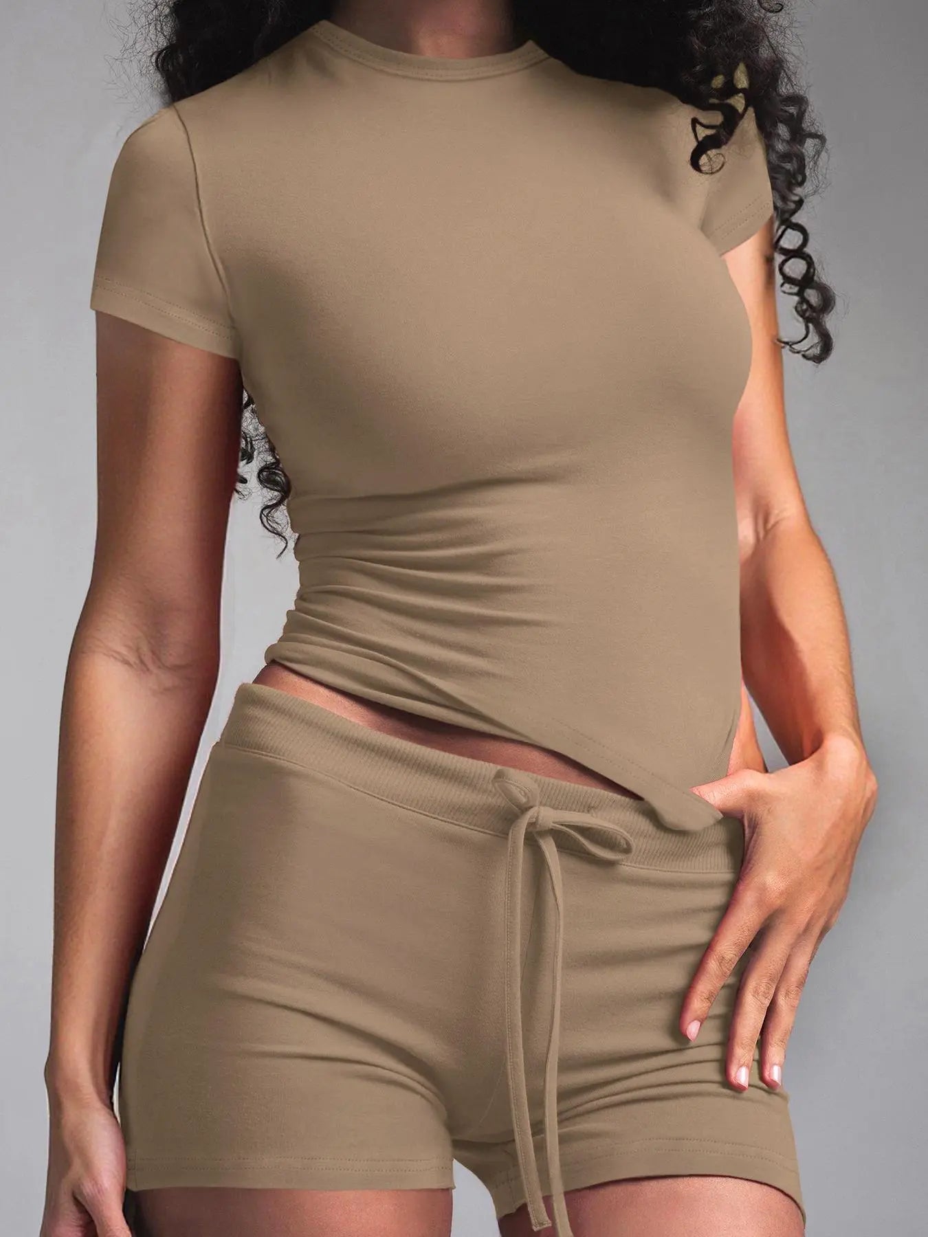 NINONERA Solid Color Modal Loungewear Two-Piece Set — Khaki