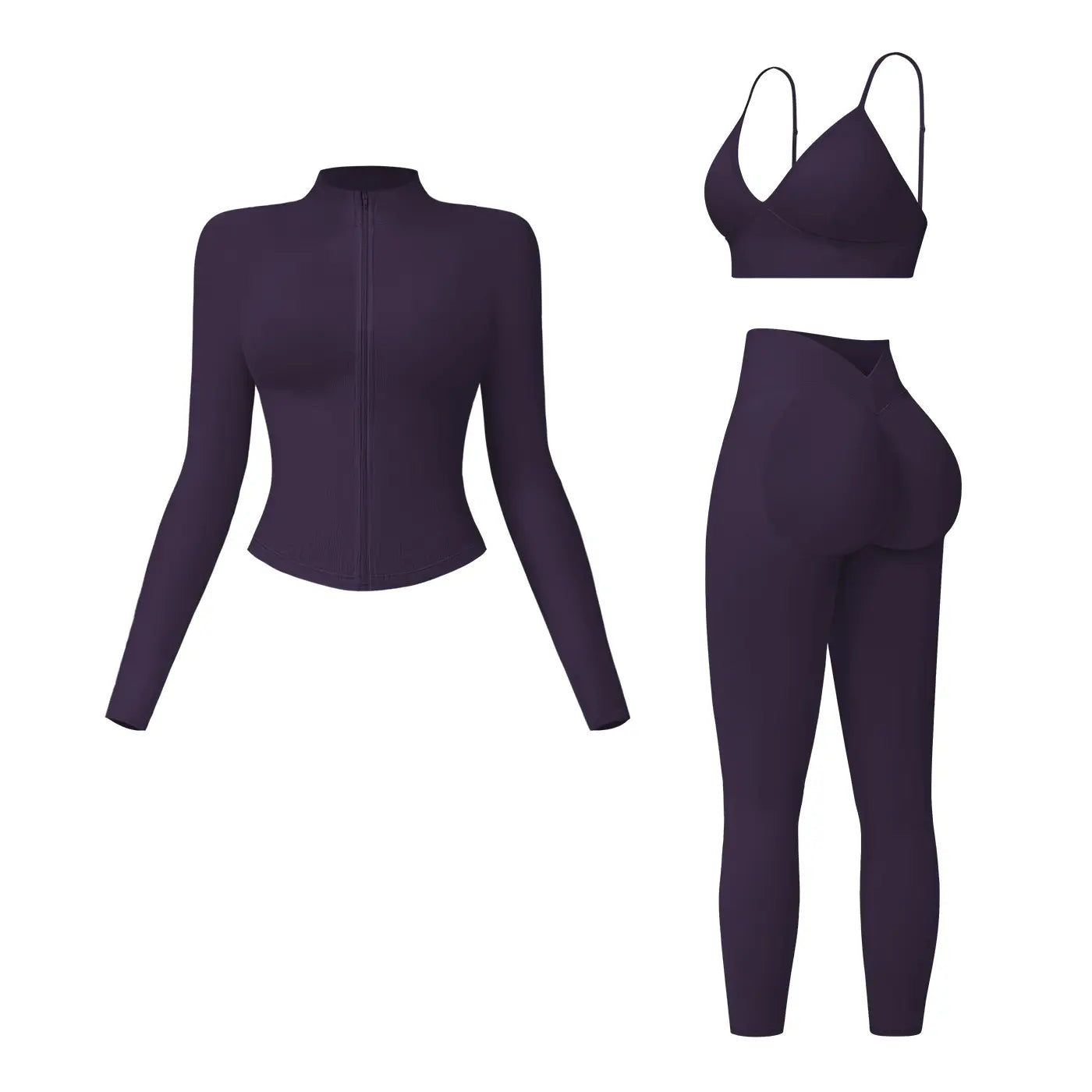 NINONERA Solid Criss Cross Crop Tank Top & High Waist Leggings & Zip Up Crop Jacket Tracksuit Set — Indigo Purple
