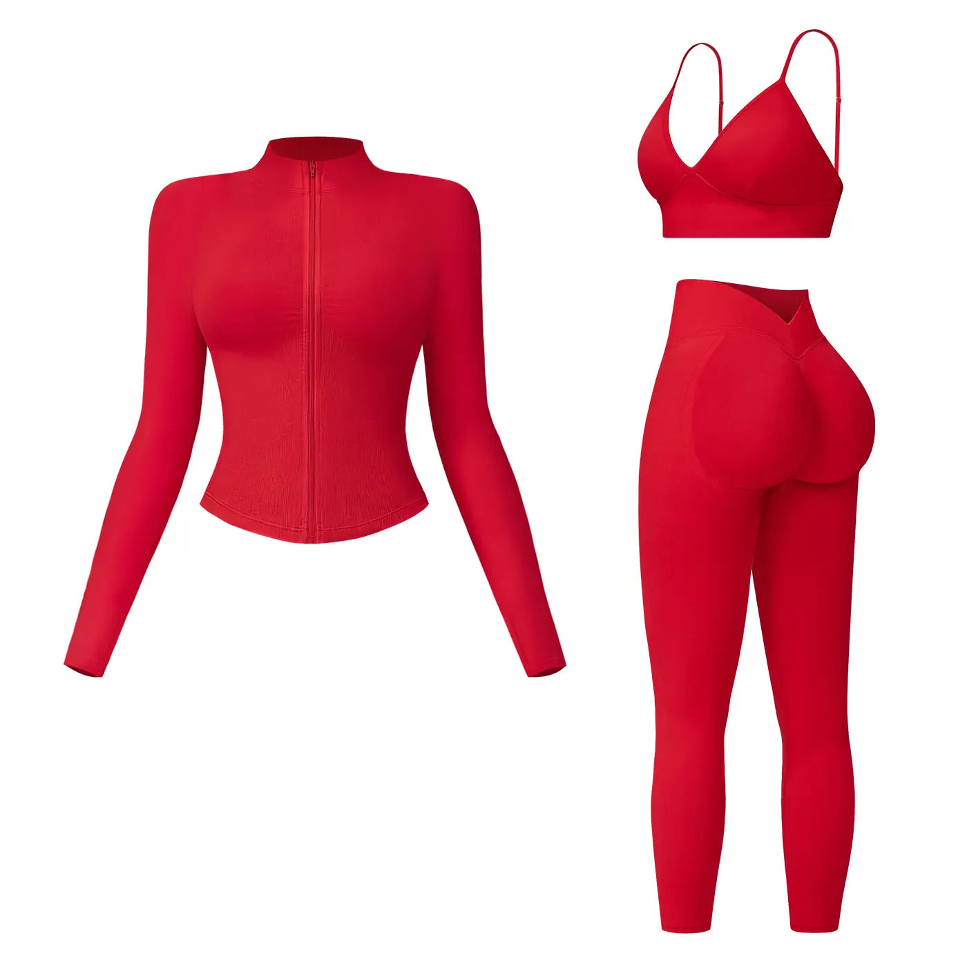 NINONERA Solid Criss Cross Crop Tank Top & High Waist Leggings & Zip Up Crop Jacket Tracksuit Set — Bright red