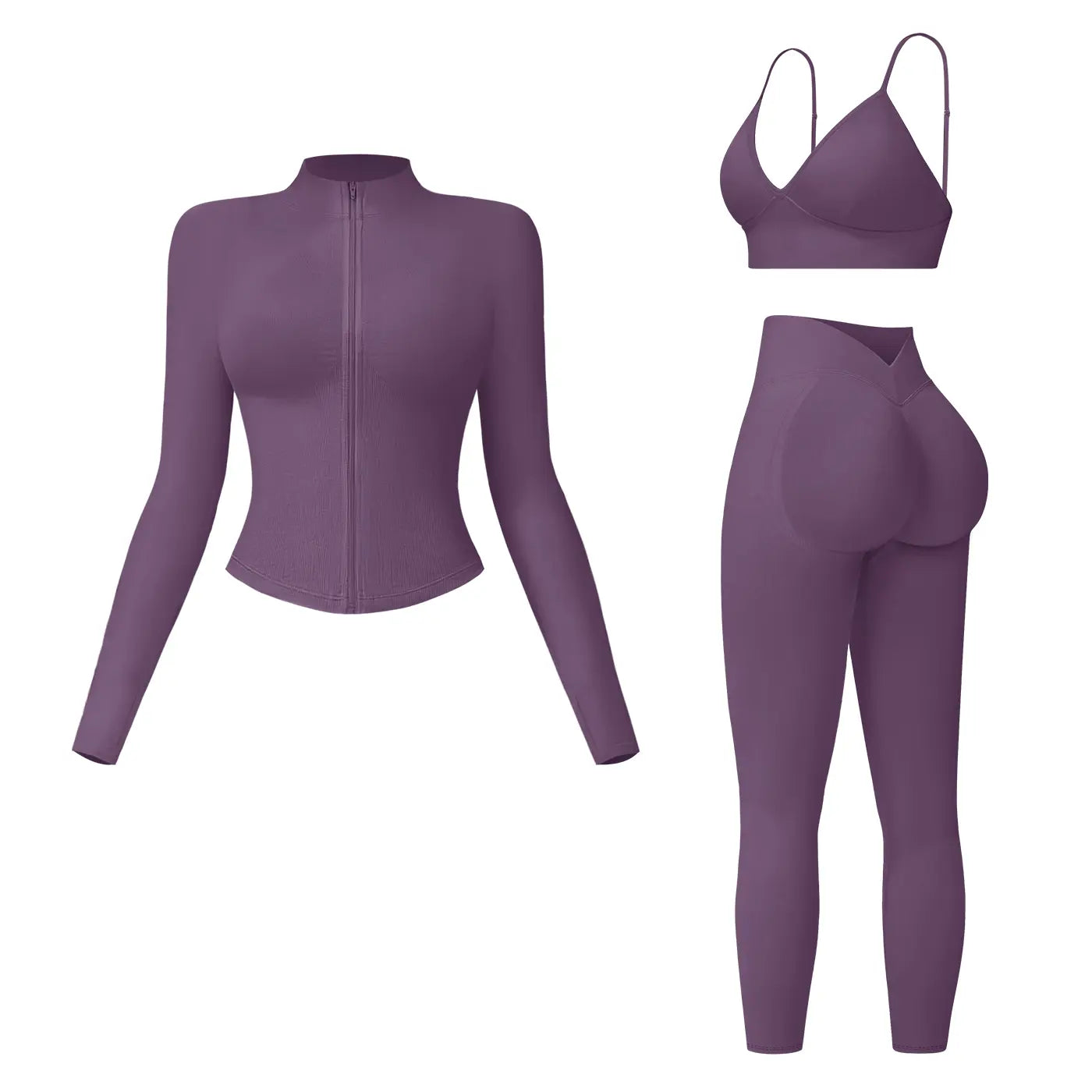 NINONERA Solid Criss Cross Crop Tank Top & High Waist Leggings & Zip Up Crop Jacket Tracksuit Set — Mist Purple