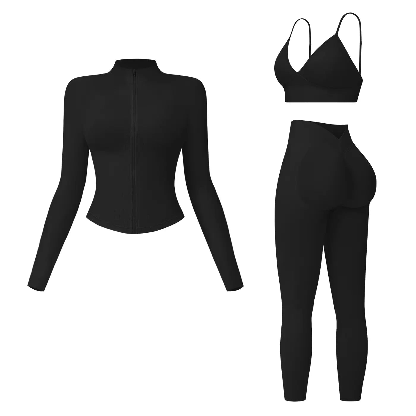 NINONERA Solid Criss Cross Crop Tank Top & High Waist Leggings & Zip Up Crop Jacket Tracksuit Set — Premium Black