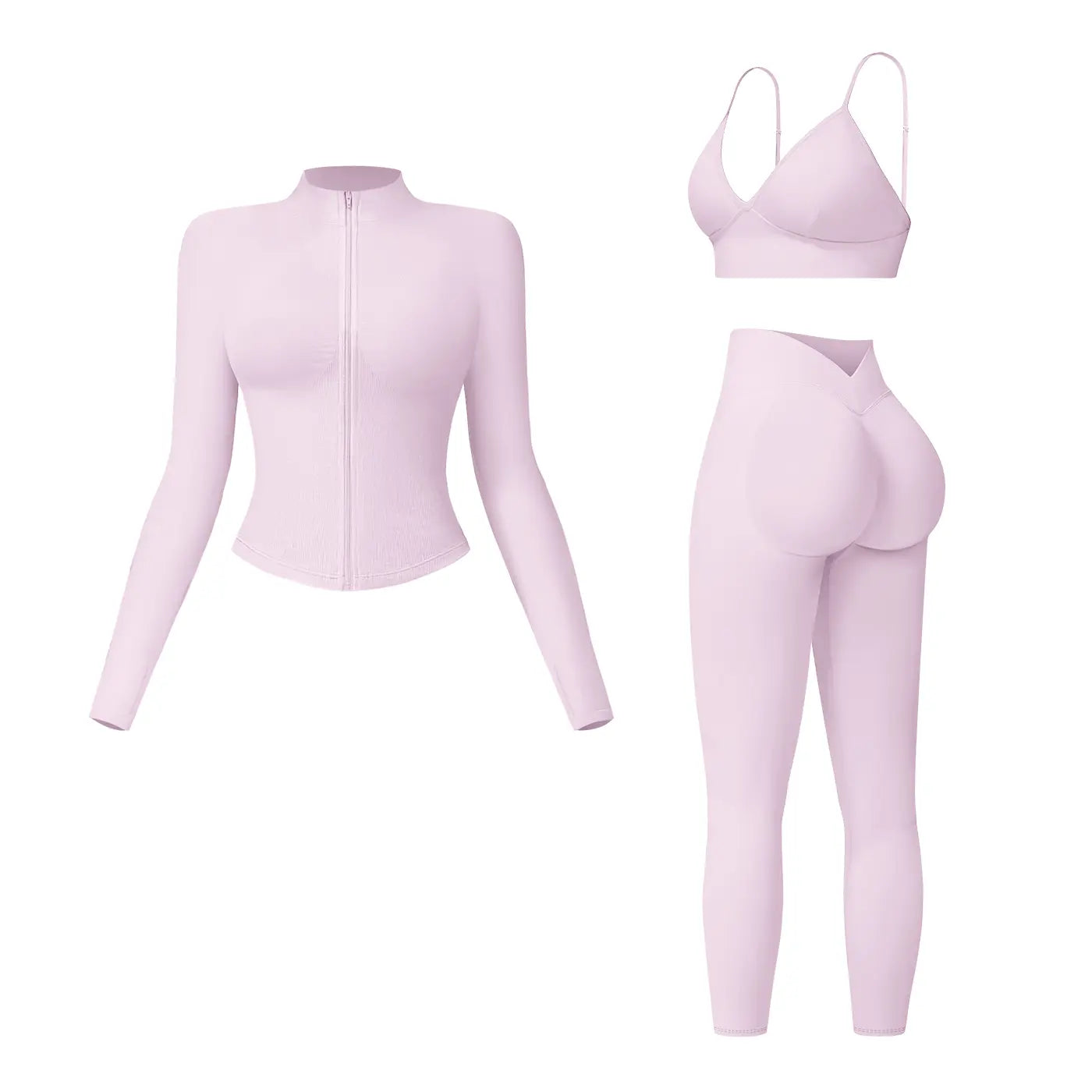 NINONERA Solid Criss Cross Crop Tank Top & High Waist Leggings & Zip Up Crop Jacket Tracksuit Set — Cherry Blossom Pink