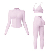 NINONERA Solid Criss Cross Crop Tank Top & High Waist Leggings & Zip Up Crop Jacket Tracksuit Set — Cherry Blossom Pink