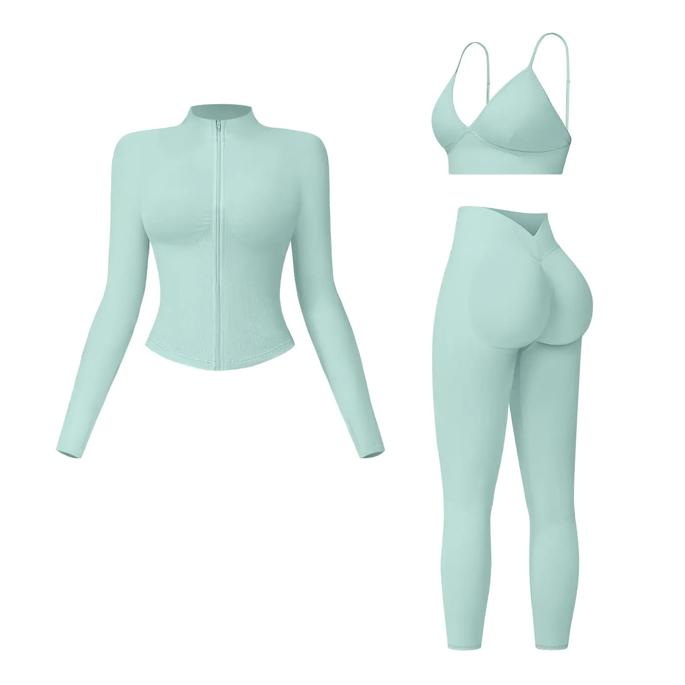 NINONERA Solid Criss Cross Crop Tank Top & High Waist Leggings & Zip Up Crop Jacket Tracksuit Set — Mint Green