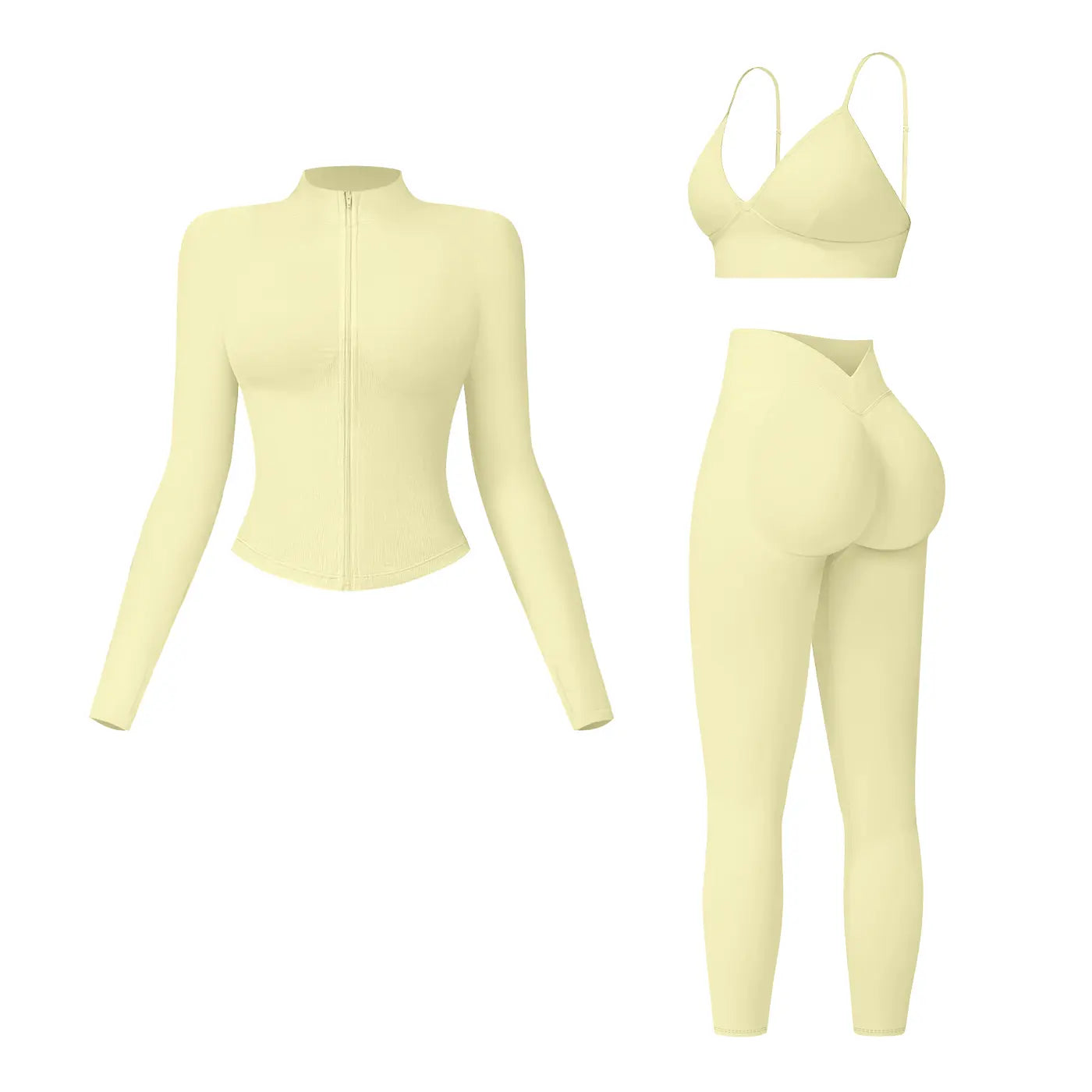 NINONERA Solid Criss Cross Crop Tank Top & High Waist Leggings & Zip Up Crop Jacket Tracksuit Set — Cream Yellow
