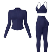 NINONERA Solid Criss Cross Crop Tank Top & High Waist Leggings & Zip Up Crop Jacket Tracksuit Set — Navy Blue
