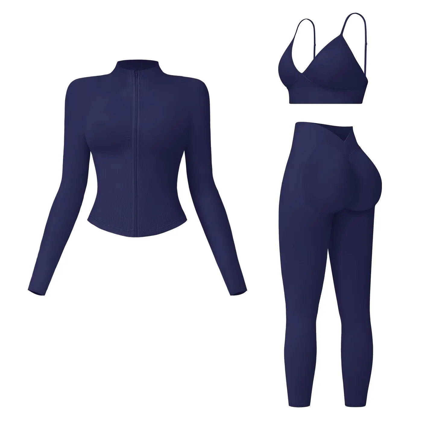 NINONERA Solid Criss Cross Crop Tank Top & High Waist Leggings & Zip Up Crop Jacket Tracksuit Set — Navy Blue