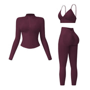 NINONERA Solid Criss Cross Crop Tank Top & High Waist Leggings & Zip Up Crop Jacket Tracksuit Set — Plum Wine Red