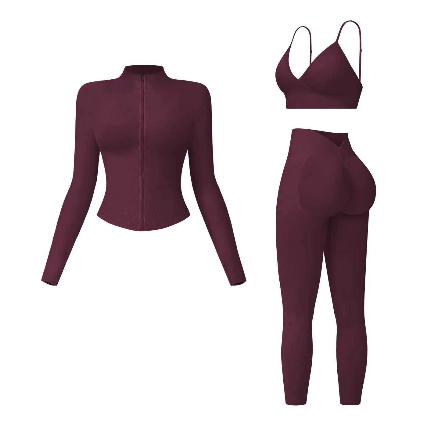 NINONERA Solid Criss Cross Crop Tank Top & High Waist Leggings & Zip Up Crop Jacket Tracksuit Set — Plum Wine Red