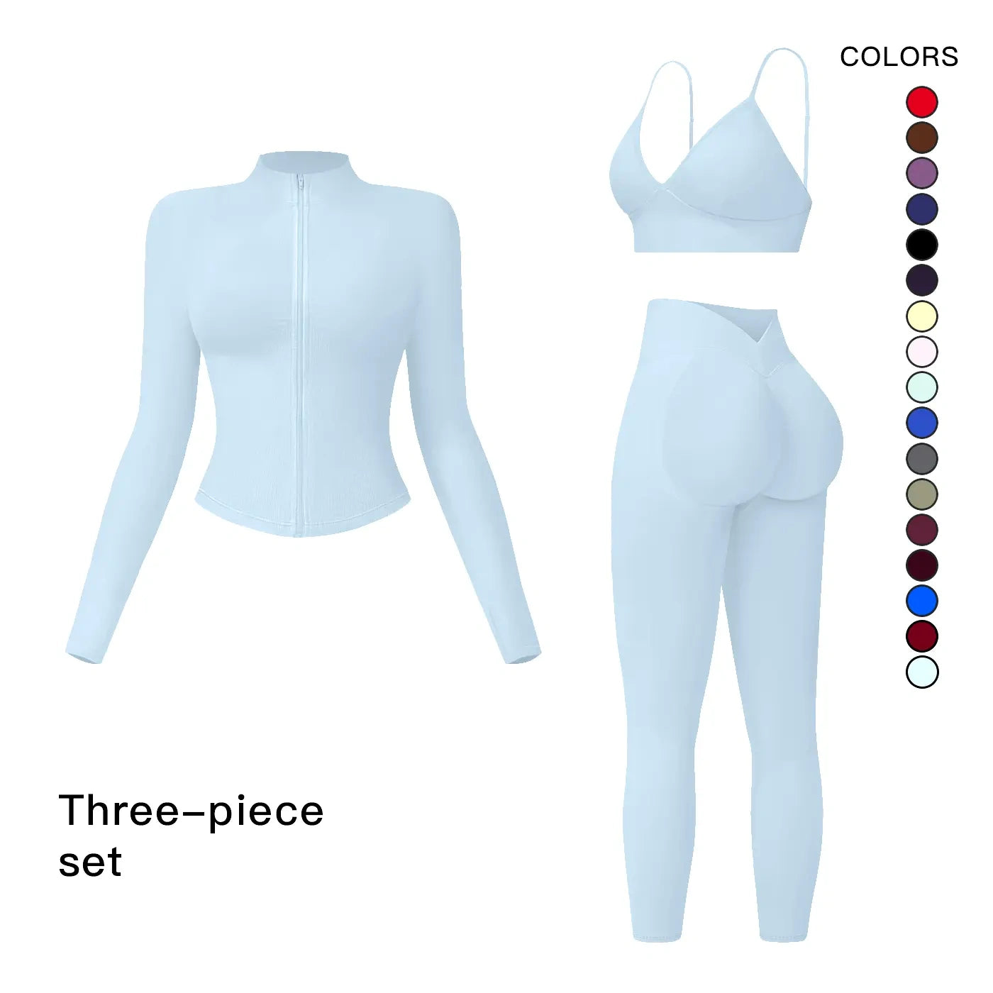 NINONERA Solid Criss Cross Crop Tank Top & High Waist Leggings & Zip Up Crop Jacket Tracksuit Set — Sky Blue