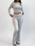NINONERA Solid Long Sleeve Crop Tee & Flare Leg Skinny Pants Loungewear Set
