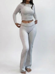 NINONERA Solid Long Sleeve Crop Tee & Flare Leg Skinny Pants Loungewear Set — Grey