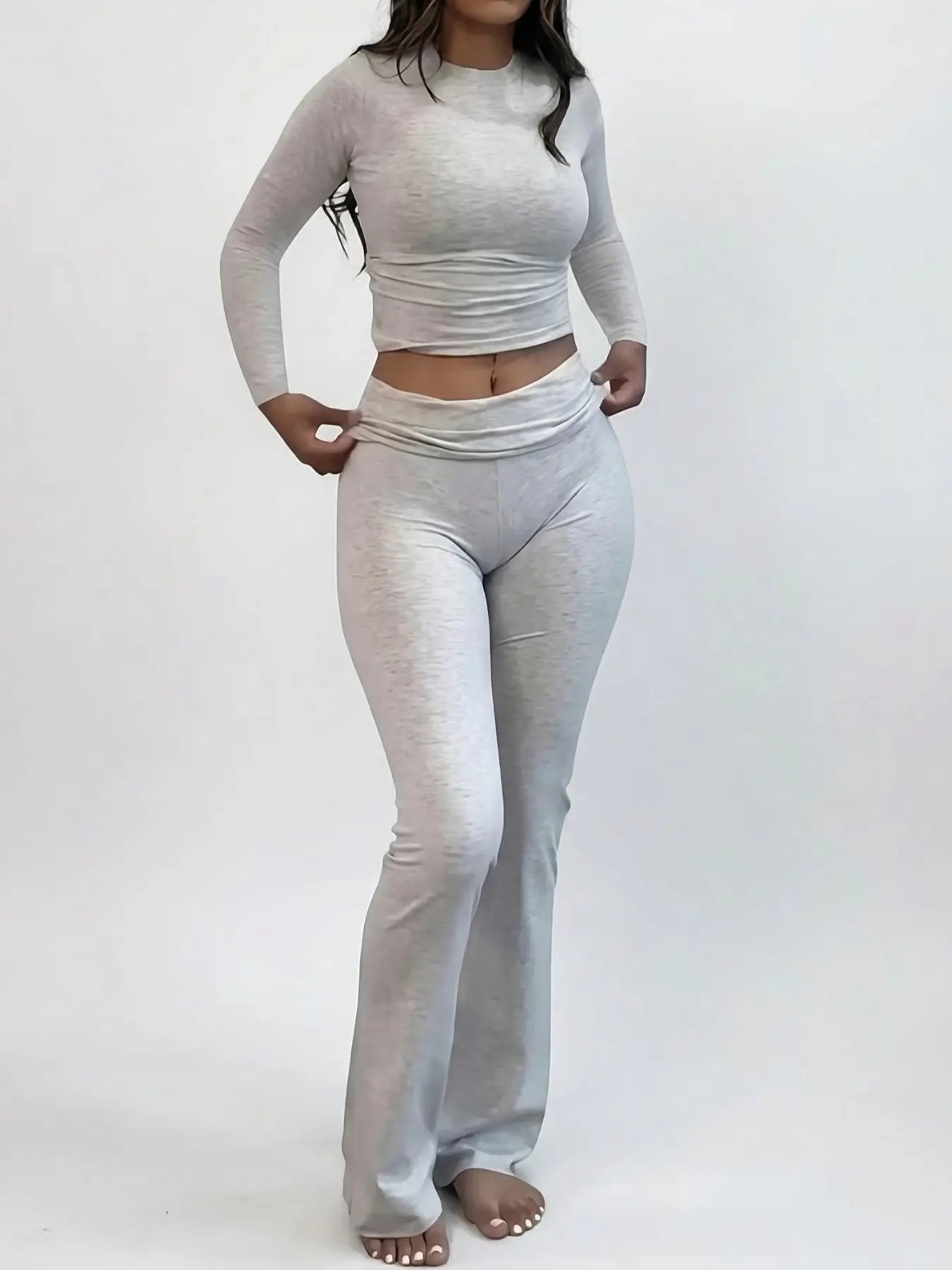 NINONERA Solid Long Sleeve Crop Tee & Flare Leg Skinny Pants Loungewear Set — Grey