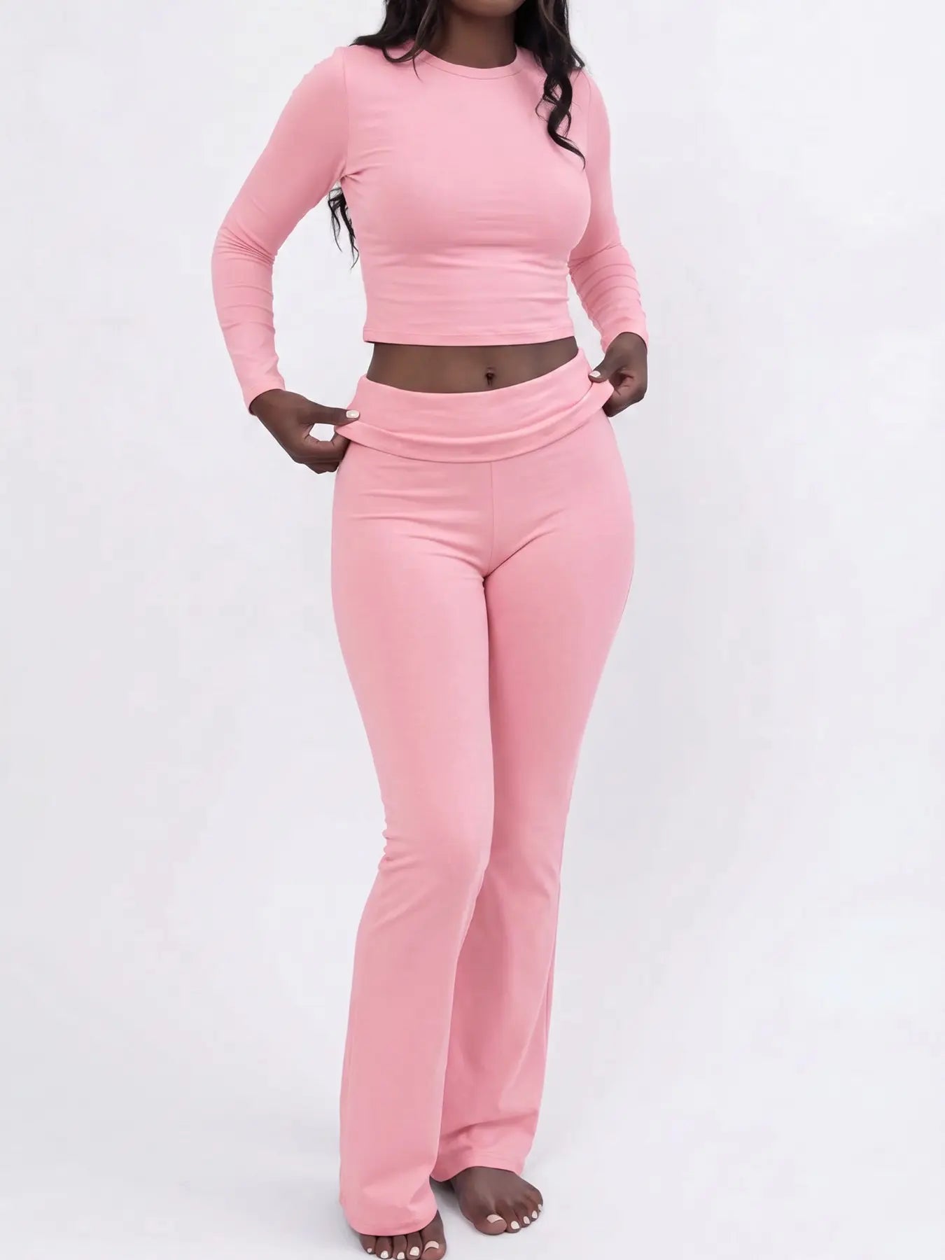 NINONERA Solid Long Sleeve Crop Tee & Flare Leg Skinny Pants Loungewear Set — Pink