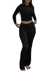 NINONERA Solid Long Sleeve Crop Tee & Flare Leg Skinny Pants Loungewear Set — Black