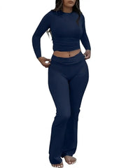 NINONERA Solid Long Sleeve Crop Tee & Flare Leg Skinny Pants Loungewear Set — Navy Blue
