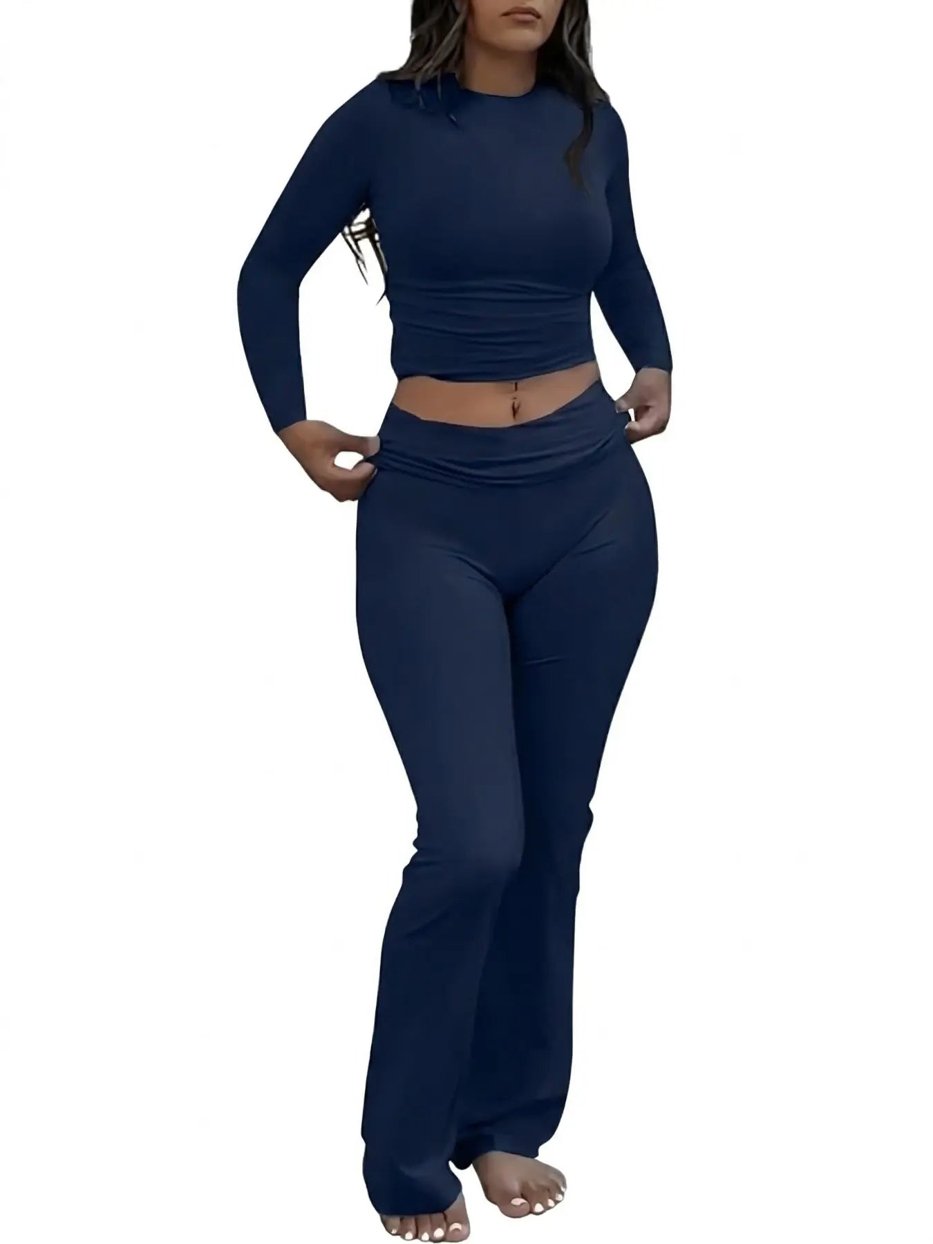 NINONERA Solid Long Sleeve Crop Tee & Flare Leg Skinny Pants Loungewear Set — Navy Blue