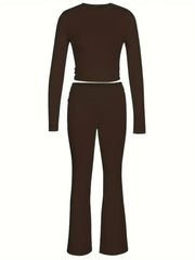 NINONERA Solid Long Sleeve Crop Tee & Flare Leg Skinny Pants Loungewear Set — Dark Brown
