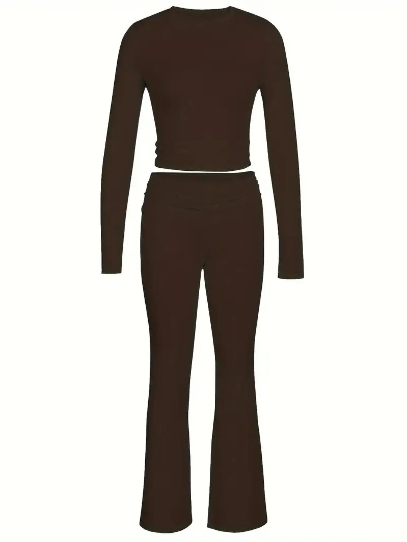 NINONERA Solid Long Sleeve Crop Tee & Flare Leg Skinny Pants Loungewear Set — Dark Brown