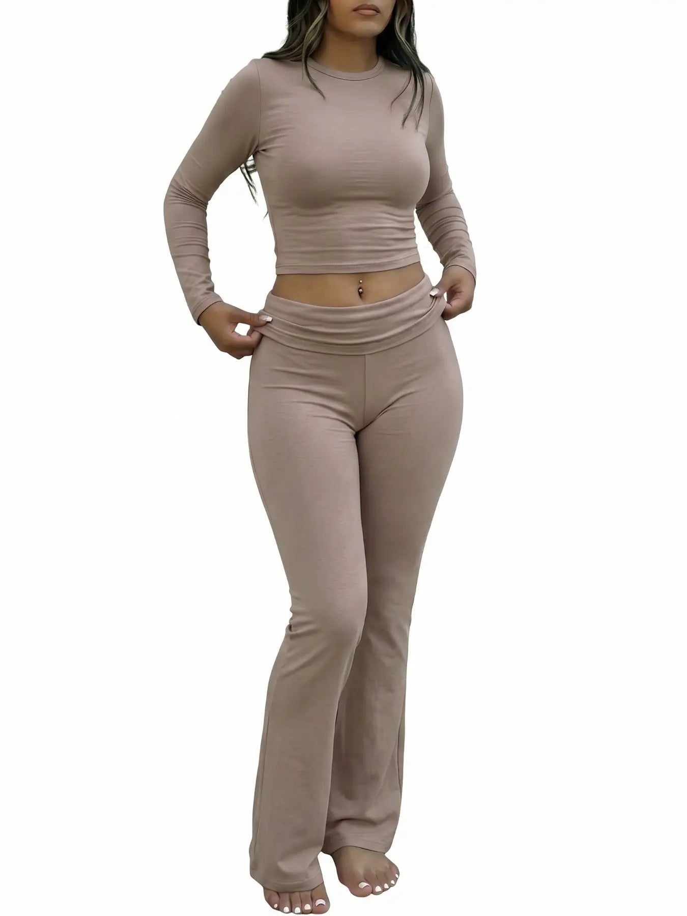 NINONERA Solid Long Sleeve Crop Tee & Flare Leg Skinny Pants Loungewear Set — Lavender