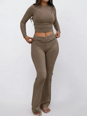 NINONERA Solid Long Sleeve Crop Tee & Flare Leg Skinny Pants Loungewear Set — Khaki