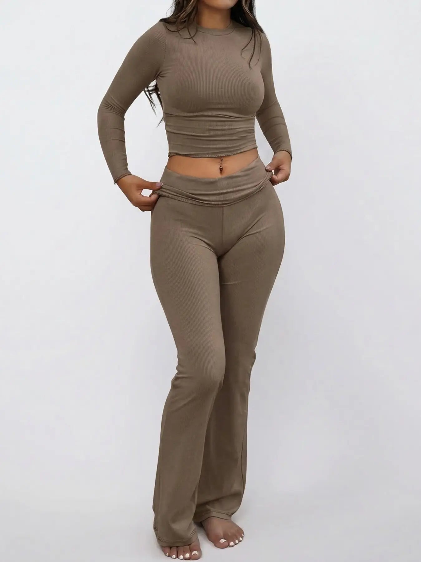 NINONERA Solid Long Sleeve Crop Tee & Flare Leg Skinny Pants Loungewear Set — Khaki