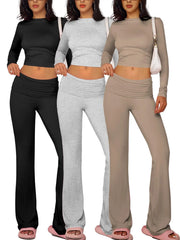 NINONERA Solid Long Sleeve Crop Tee & Flare Leg Skinny Pants Loungewear Set — Black*1 pc+Gray*1 pc+Khaki*1 pc