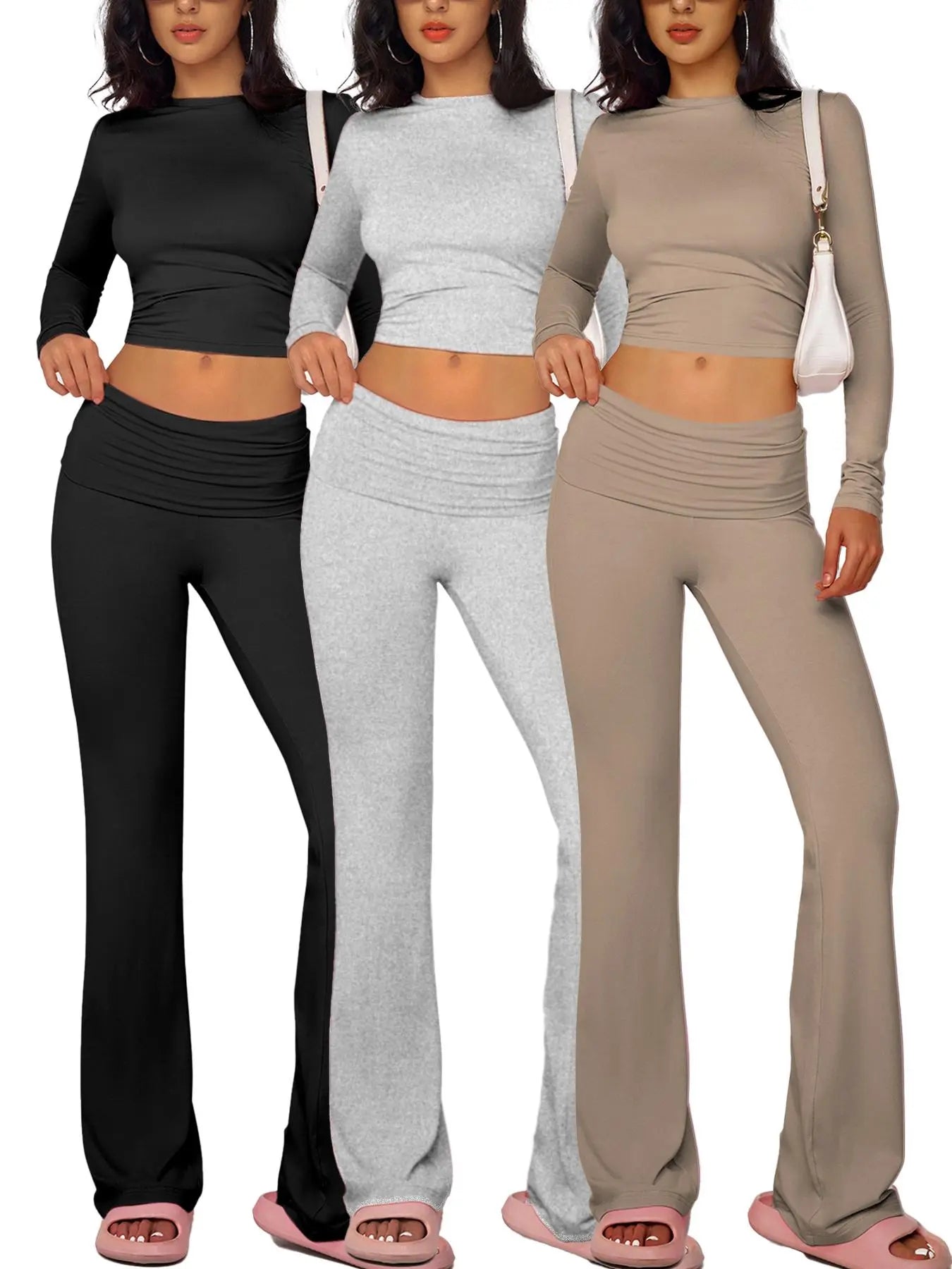 NINONERA Solid Long Sleeve Crop Tee & Flare Leg Skinny Pants Loungewear Set — Black*1 pc+Gray*1 pc+Khaki*1 pc