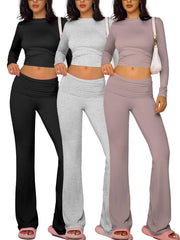 NINONERA Solid Long Sleeve Crop Tee & Flare Leg Skinny Pants Loungewear Set — Gray*1 pc+Black*1 pc+Lavender*1 pc