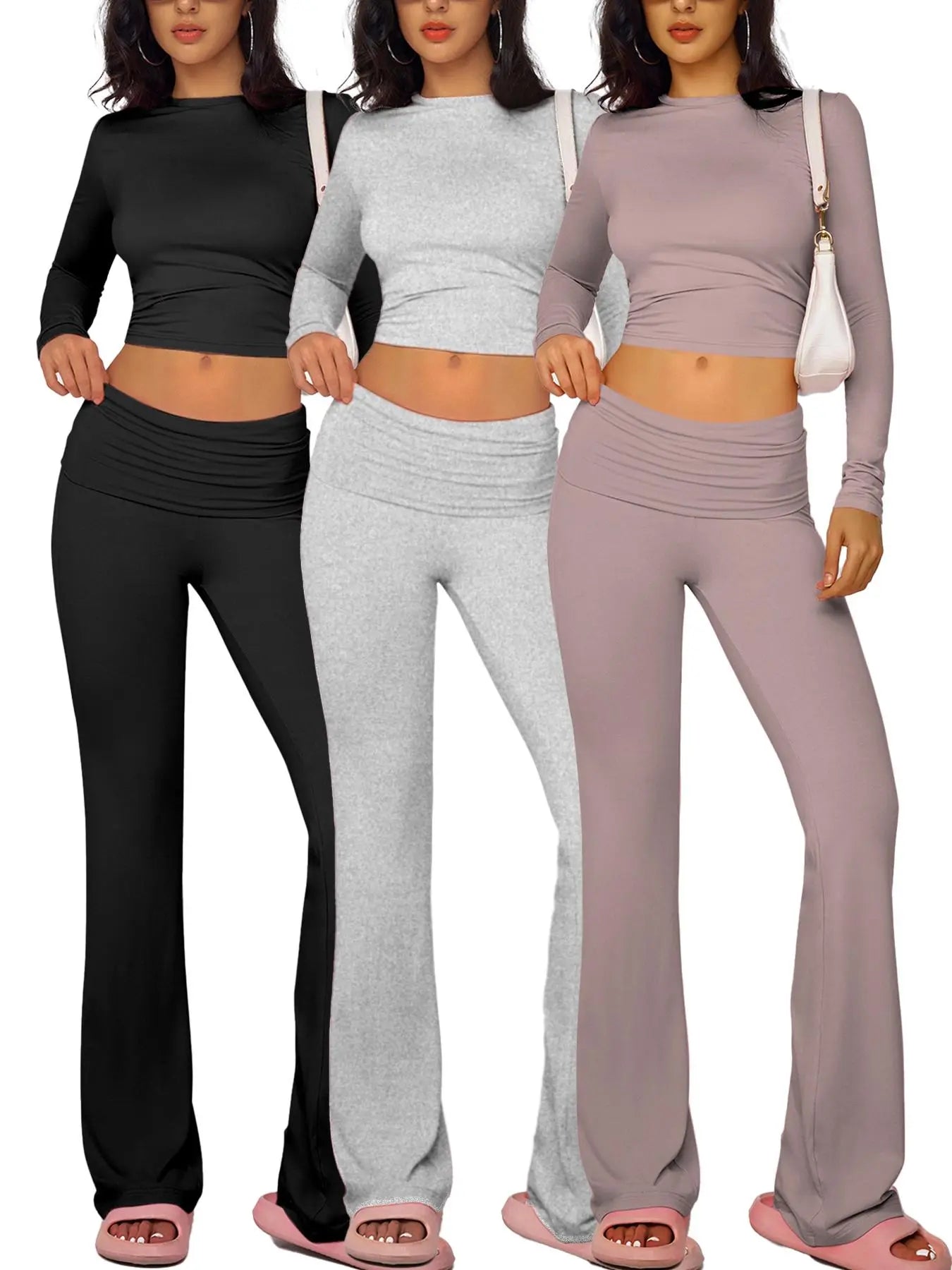 NINONERA Solid Long Sleeve Crop Tee & Flare Leg Skinny Pants Loungewear Set — Gray*1 pc+Black*1 pc+Lavender*1 pc