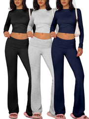 NINONERA Solid Long Sleeve Crop Tee & Flare Leg Skinny Pants Loungewear Set — Gray*1 pc+Black*1 pc+Navy Blue*1 pc