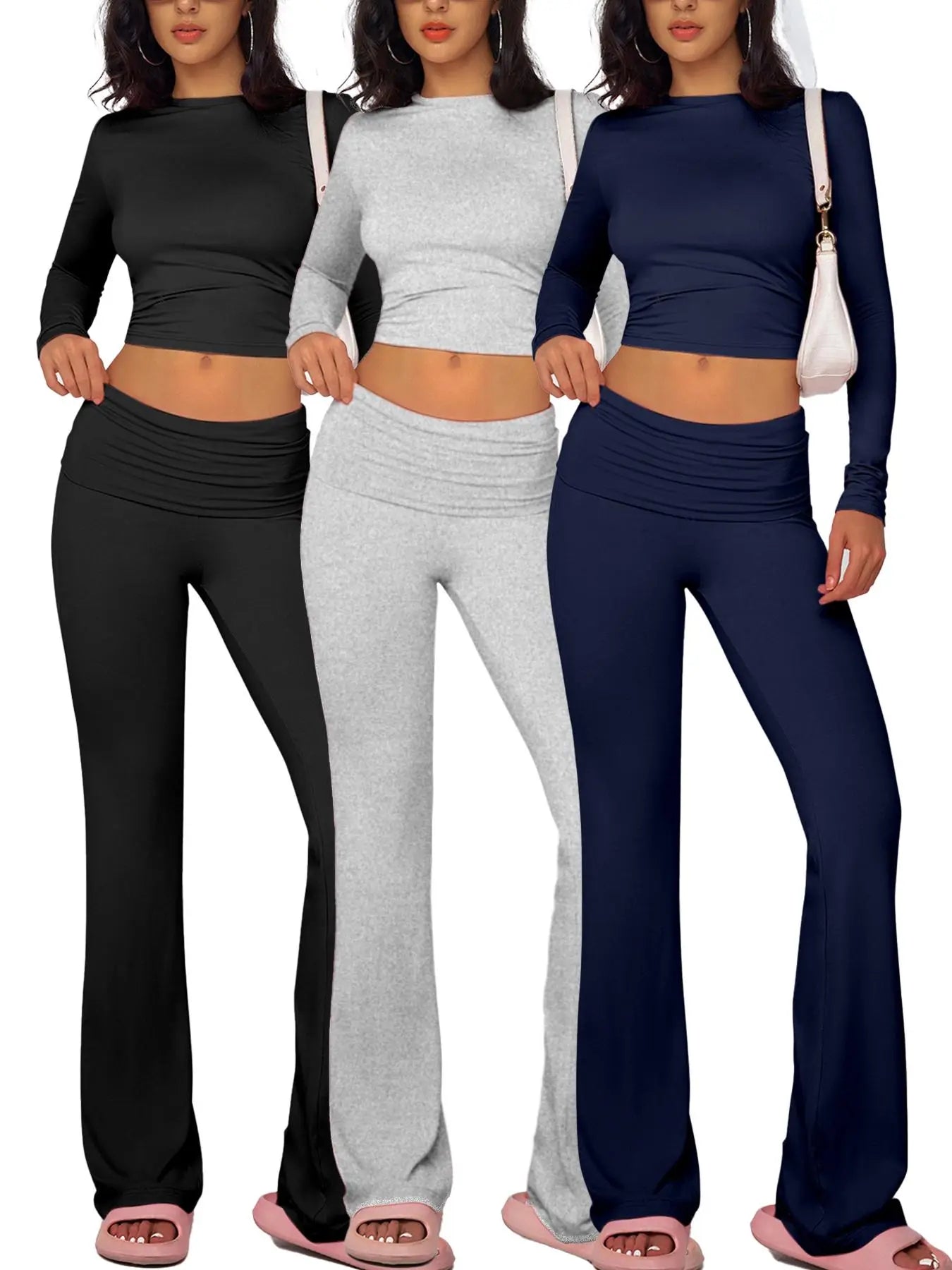NINONERA Solid Long Sleeve Crop Tee & Flare Leg Skinny Pants Loungewear Set — Gray*1 pc+Black*1 pc+Navy Blue*1 pc