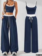 NINONERA Two-Piece Set Women's Colorblock 2 in 1 Cami Top & Wide Leg Pants Set — Navy Blue