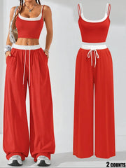 NINONERA Two-Piece Set Women's Colorblock 2 in 1 Cami Top & Wide Leg Pants Set — Lime Red