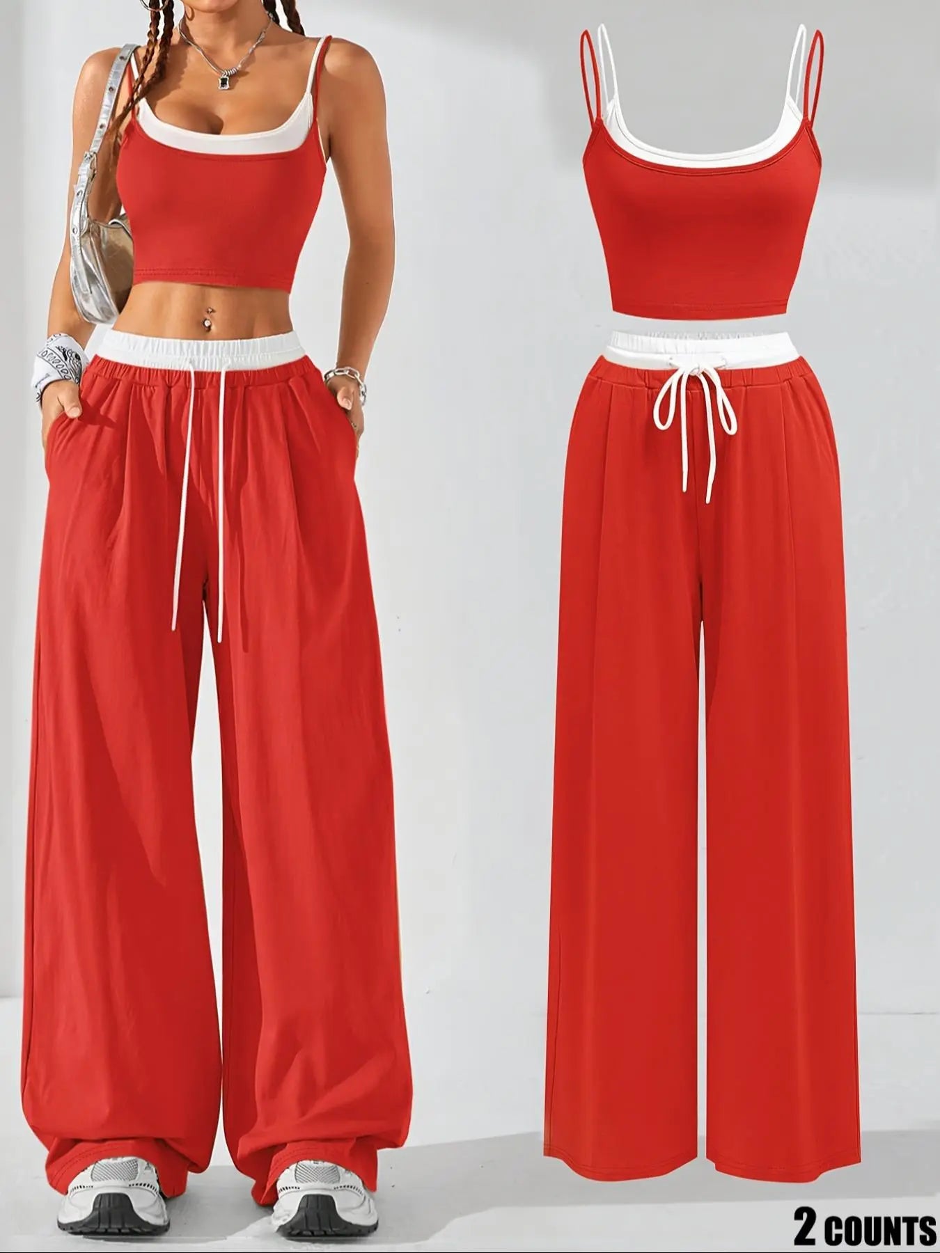 NINONERA Two-Piece Set Women's Colorblock 2 in 1 Cami Top & Wide Leg Pants Set — Lime Red