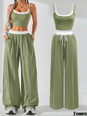 NINONERA Two-Piece Set Women's Colorblock 2 in 1 Cami Top & Wide Leg Pants Set — Pale Green