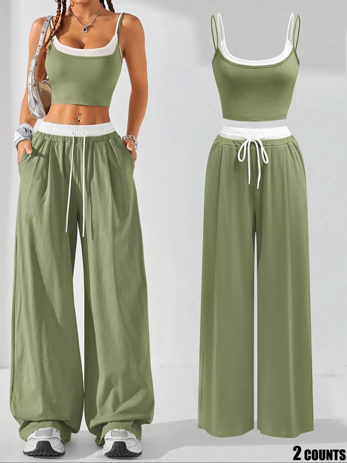 NINONERA Two-Piece Set Women's Colorblock 2 in 1 Cami Top & Wide Leg Pants Set — Pale Green