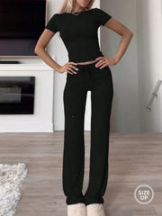 NINONERA Two-Piece Set Women's Plain Crop Tee & Drawstring Waist Pants Loungewear Set — Black
