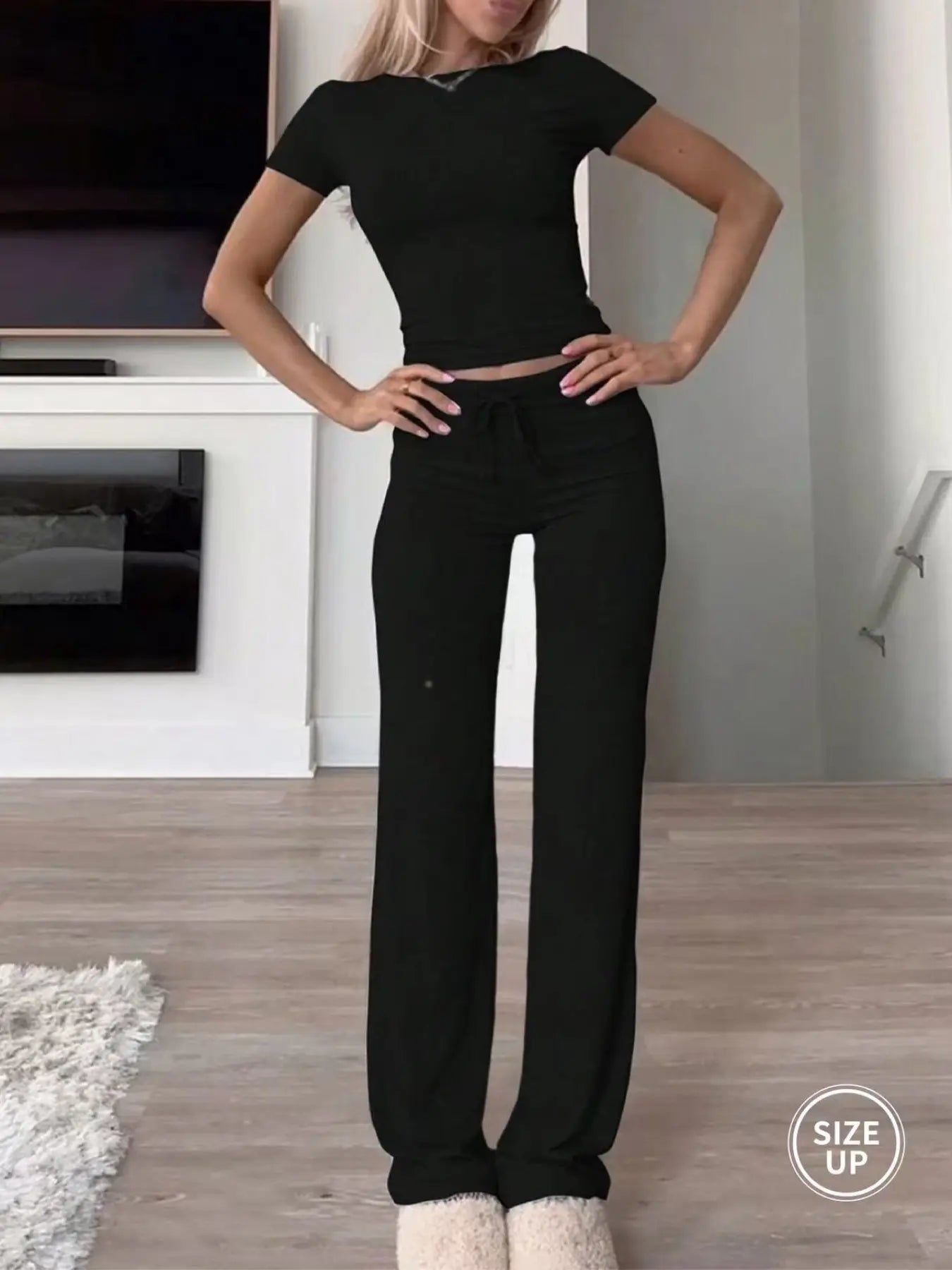 NINONERA Two-Piece Set Women's Plain Crop Tee & Drawstring Waist Pants Loungewear Set — Black