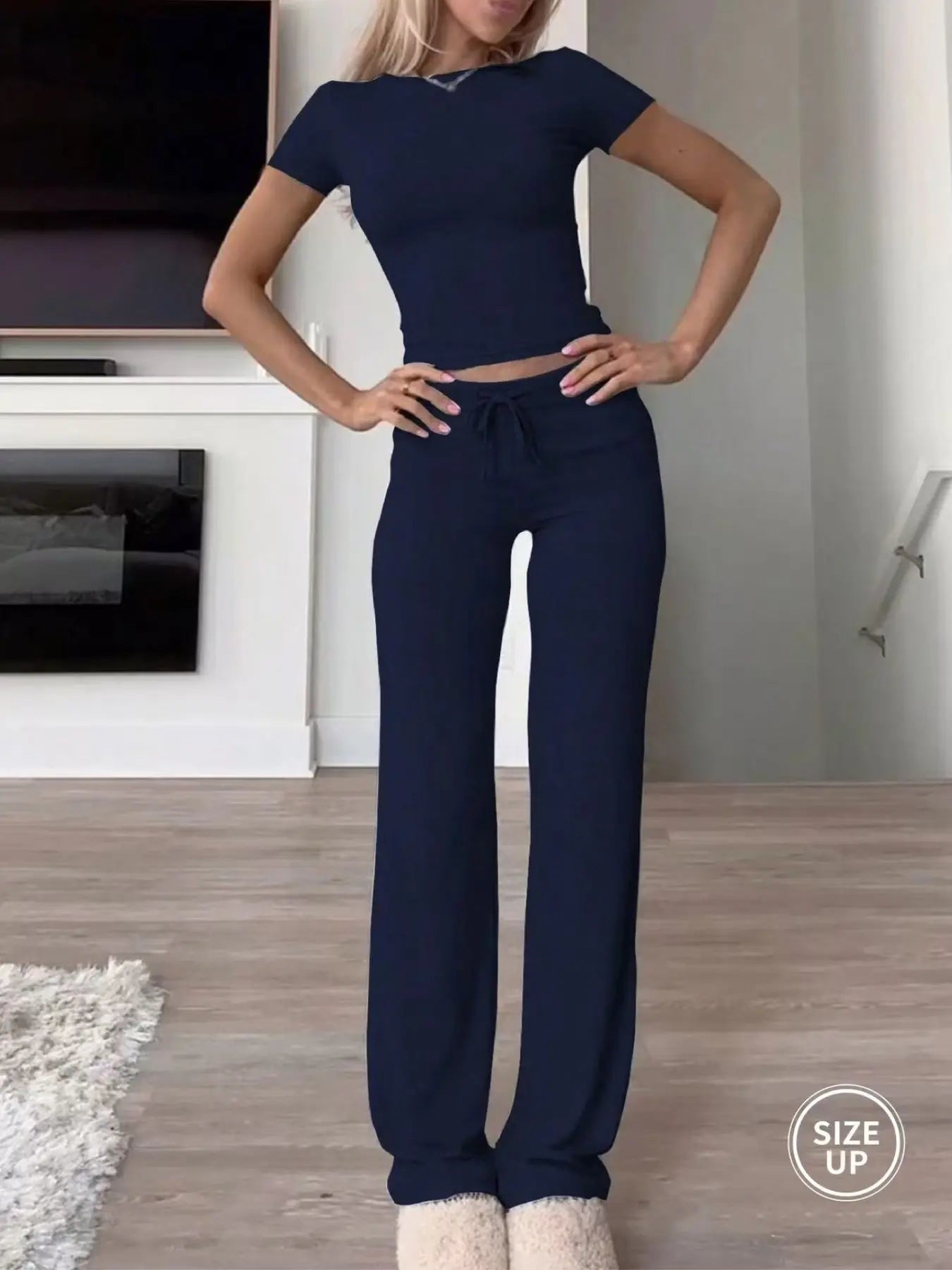 NINONERA Two-Piece Set Women's Plain Crop Tee & Drawstring Waist Pants Loungewear Set — Navy Blue