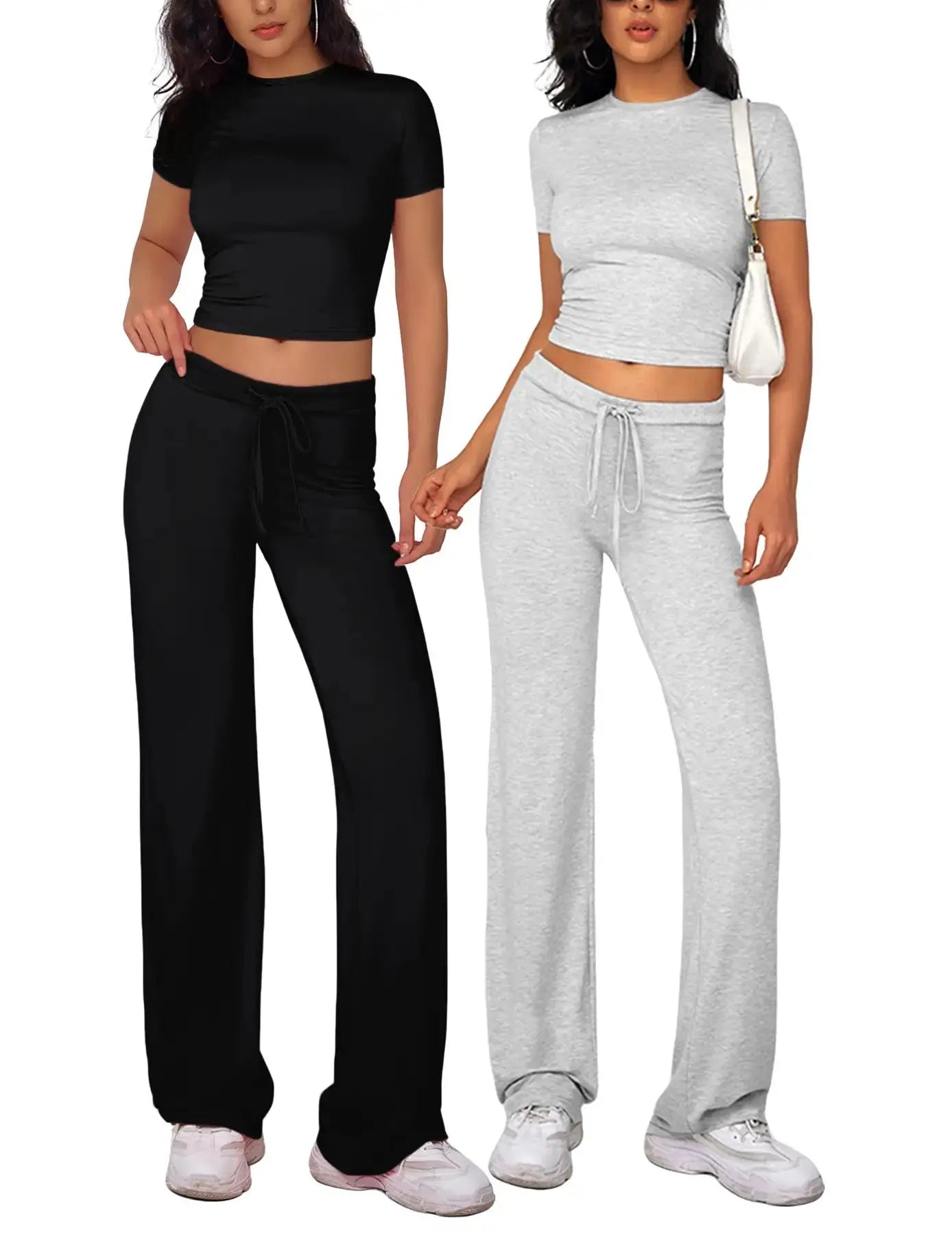 NINONERA Two-Piece Set Women's Plain Crop Tee & Drawstring Waist Pants Loungewear Set — Black*1 pc+Light Gray*1 pc