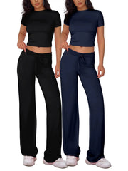 NINONERA Two-Piece Set Women's Plain Crop Tee & Drawstring Waist Pants Loungewear Set — Black*1 pc+Navy Blue*1 pc
