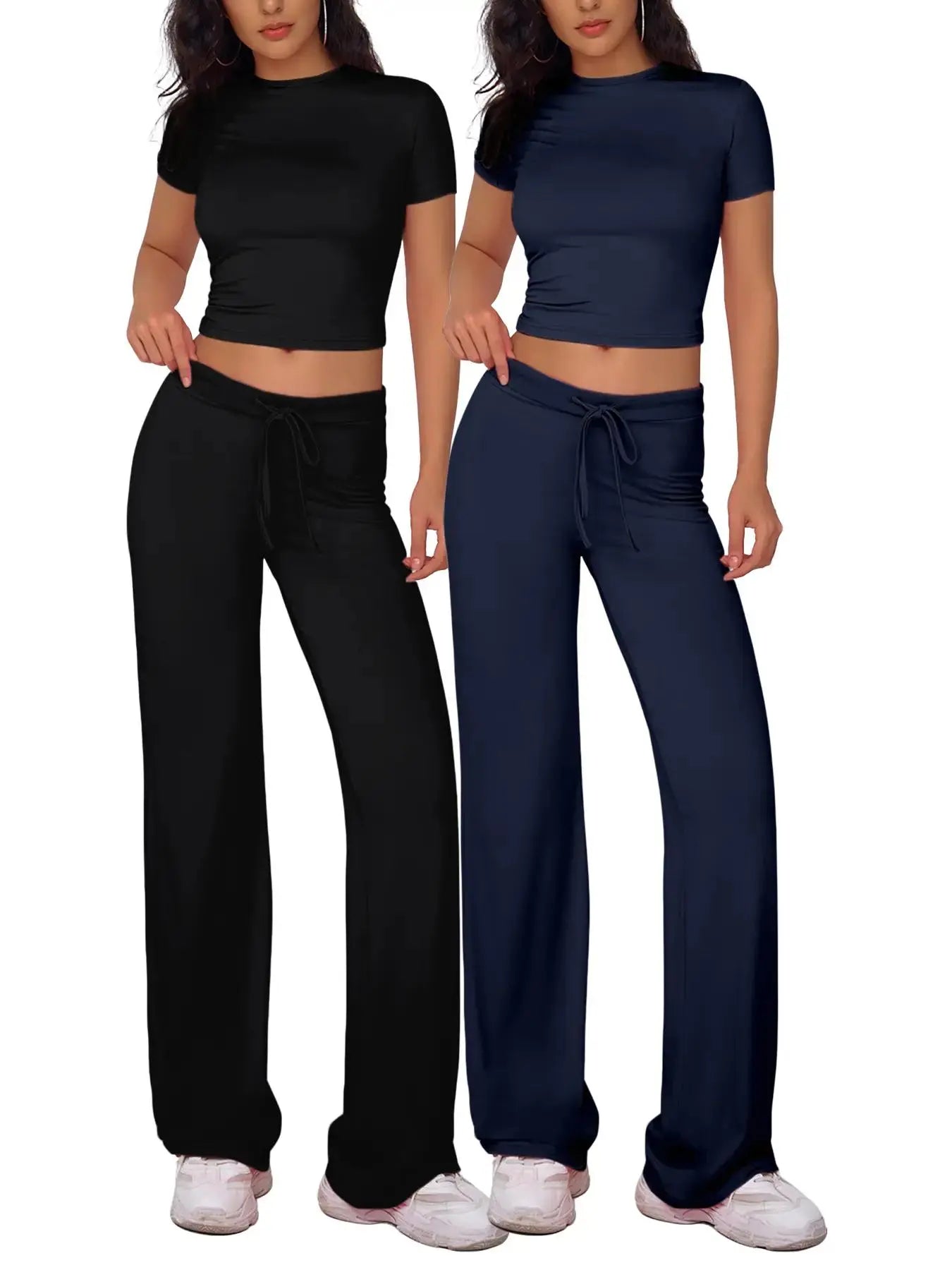 NINONERA Two-Piece Set Women's Plain Crop Tee & Drawstring Waist Pants Loungewear Set — Black*1 pc+Navy Blue*1 pc